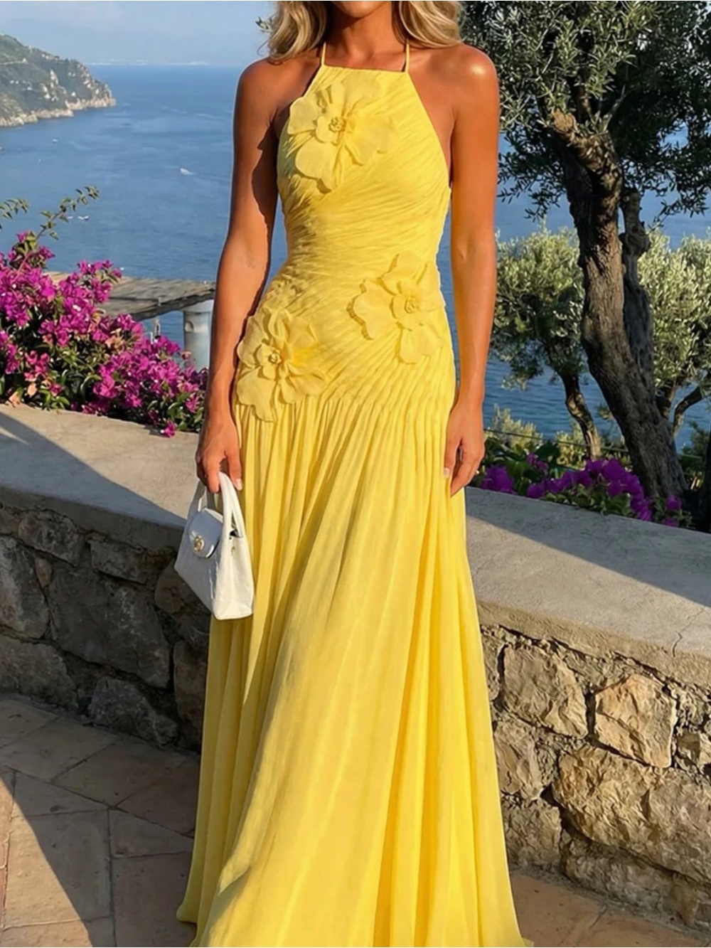 Sunlit Yellow Halter Maxi Dress with Floral Appliqués